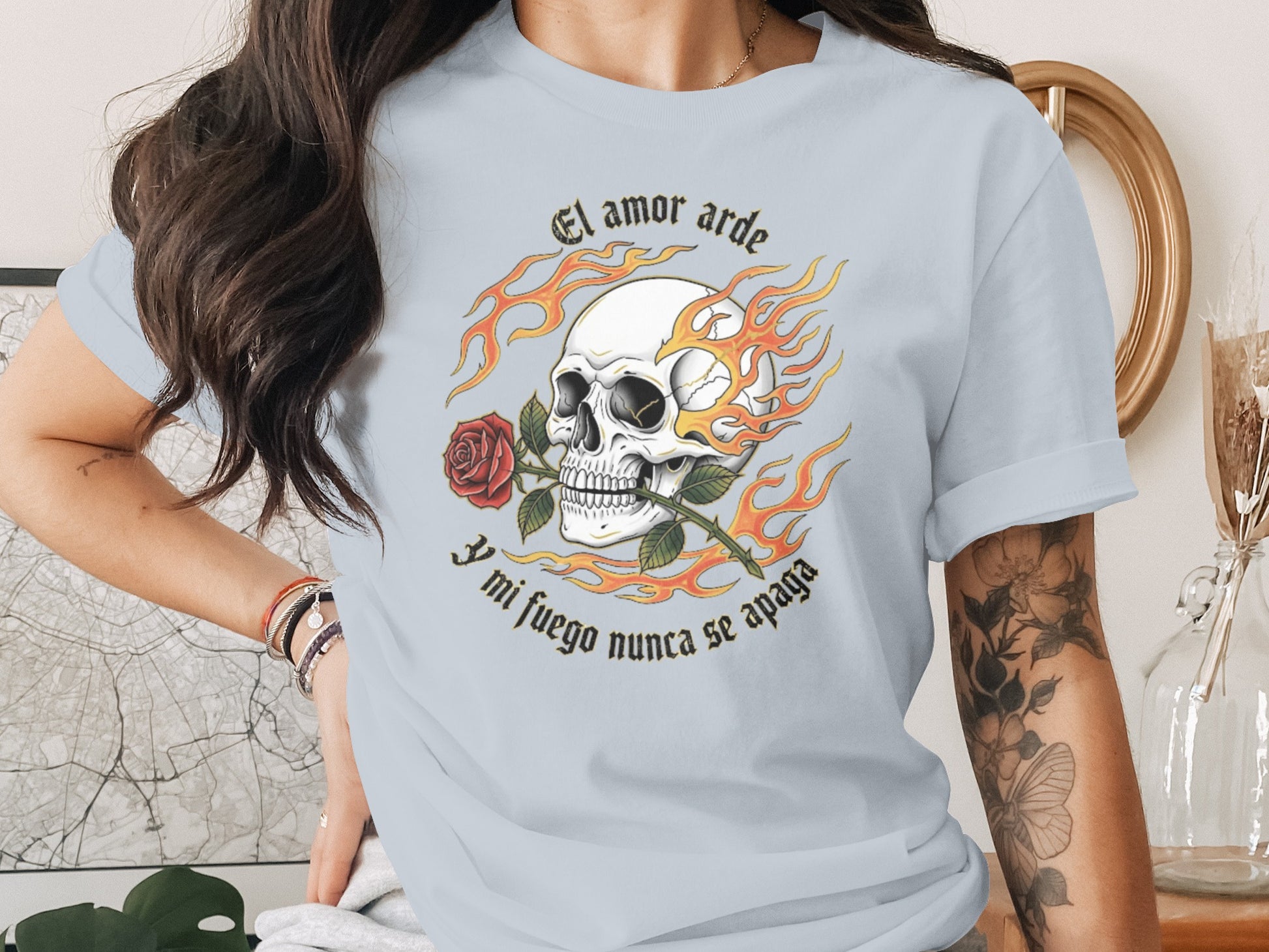 Skull with Flames and Rose Graphic T-shirt product