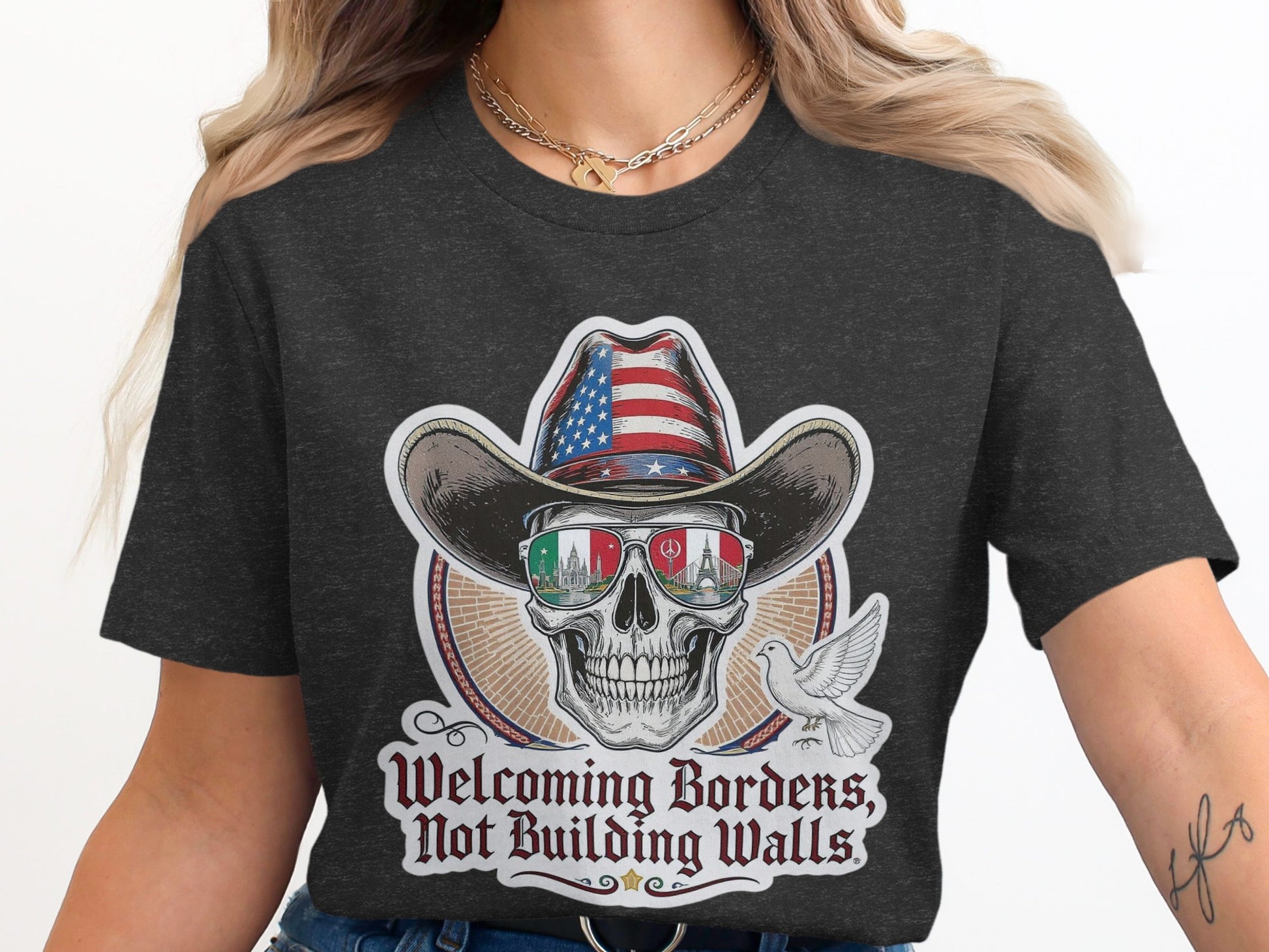 Welcoming Borders Not Building Walls Skull T-shirt product