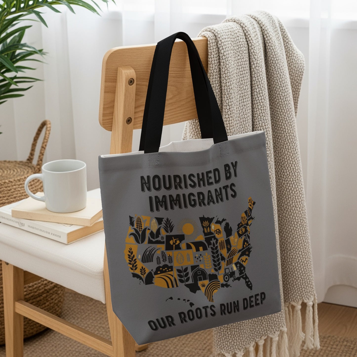 Tote bag with a map of the US featuring icons of food and text.