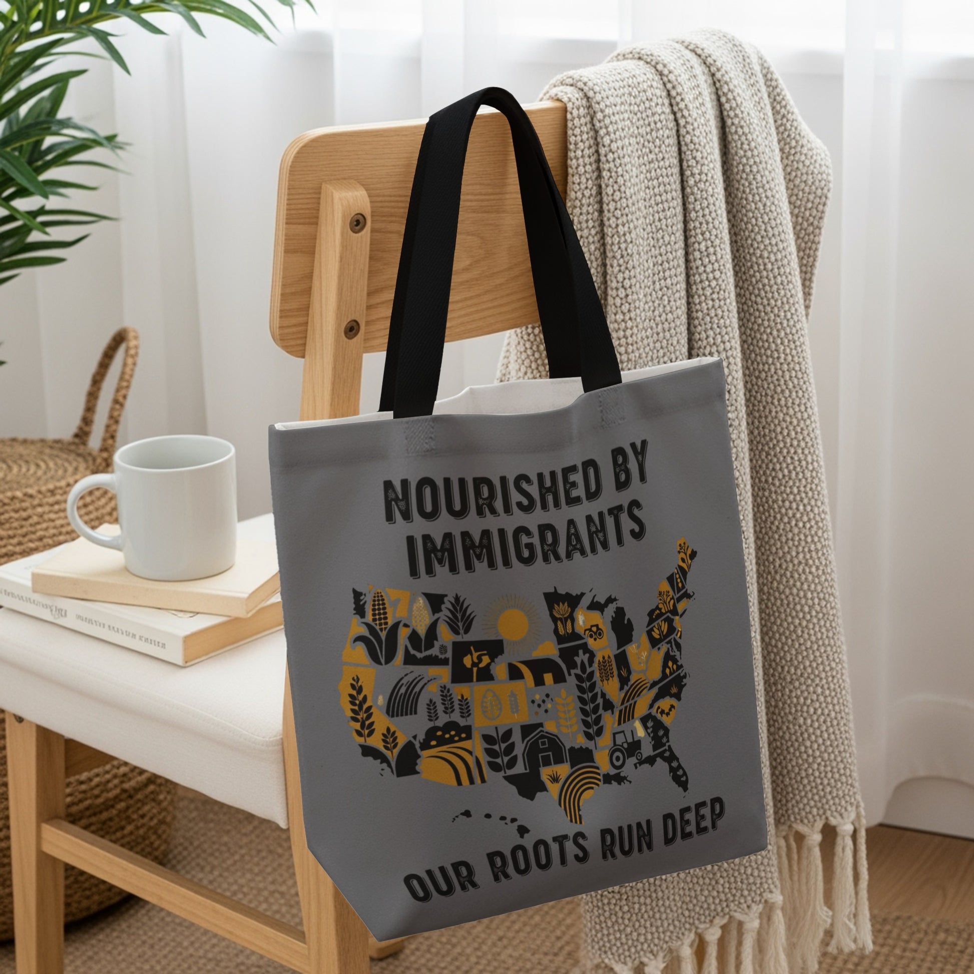 Tote bag with a map of the US featuring icons of food and text.