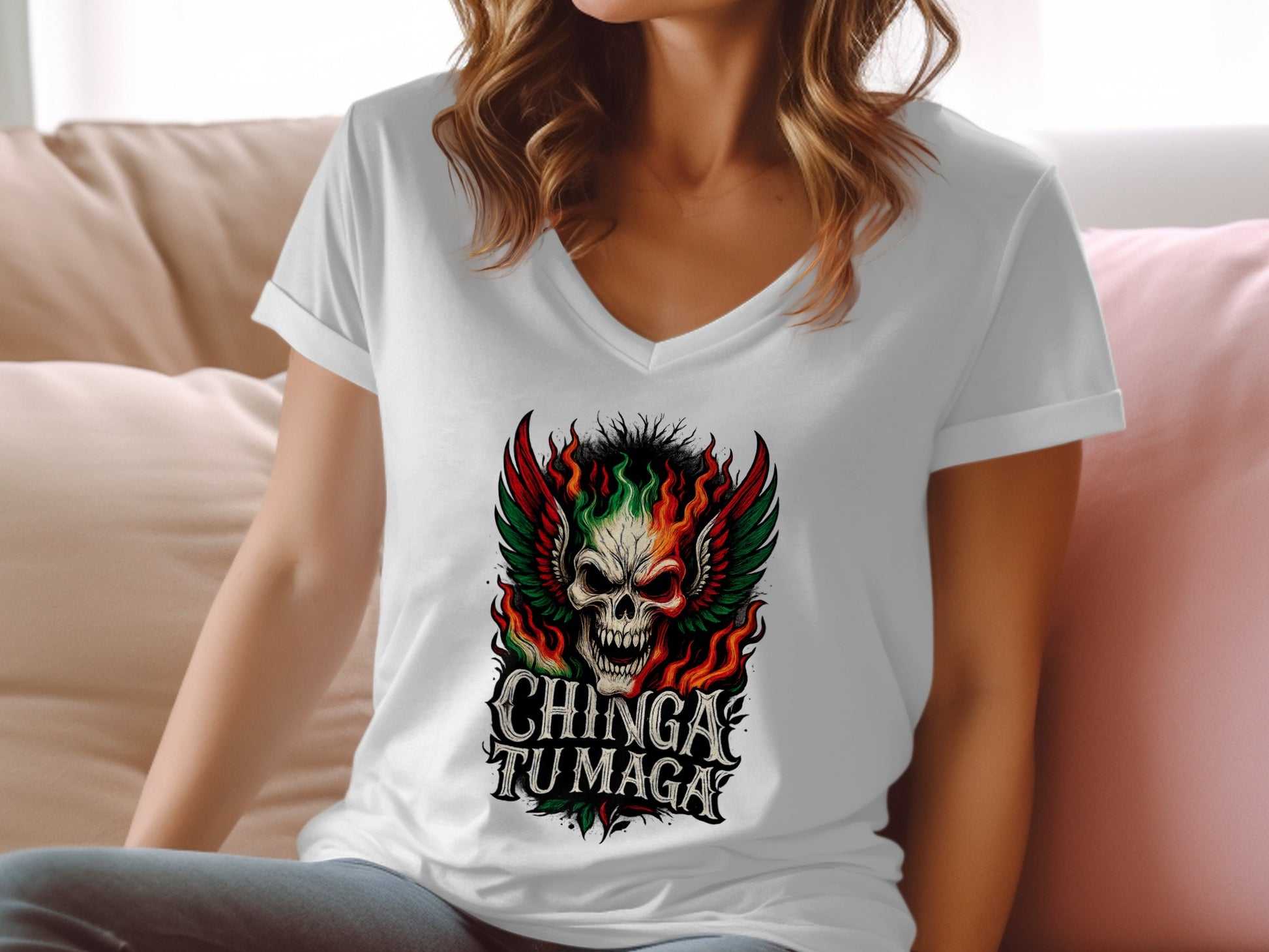 Chinga Tu Maga Fiery Skull Graphic V-Neck T-Shirt product type