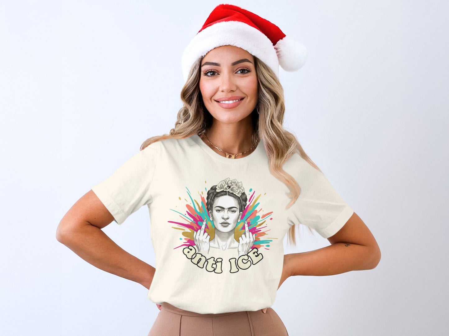 Anti Ice Santa Hat and Artistic Design T-Shirt