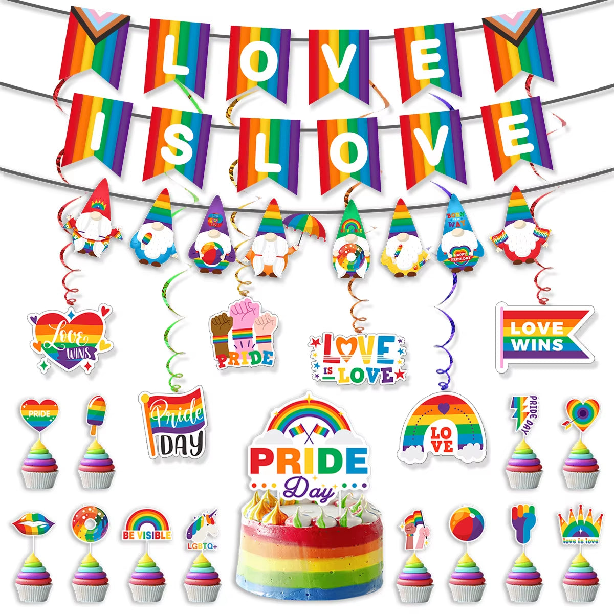 Rainbow Love Is Love Paper Banners and Hanging Swirls Cupcake Toppers for Birthday and Pride Day Celebrations