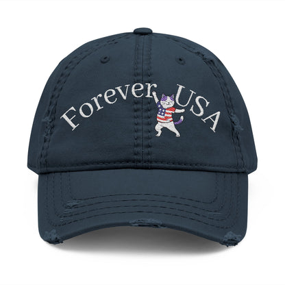 4th of July Embroidery Hat Distressed Cat Dad Hat - Forever USA, Vintage Adjustable Cap for Pet Lovers, Casual Outdoor Wear, Gift for Father's Day, Independence Day