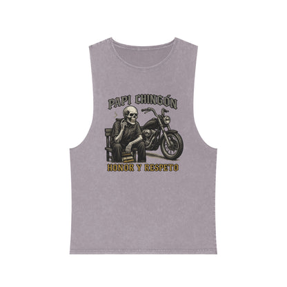 Unisex Stonewash Tank Top - Papi Chingón Skull Design, Casual Summer Wear, Motorcycle Lover Gift, Festival Outfit, Street Style