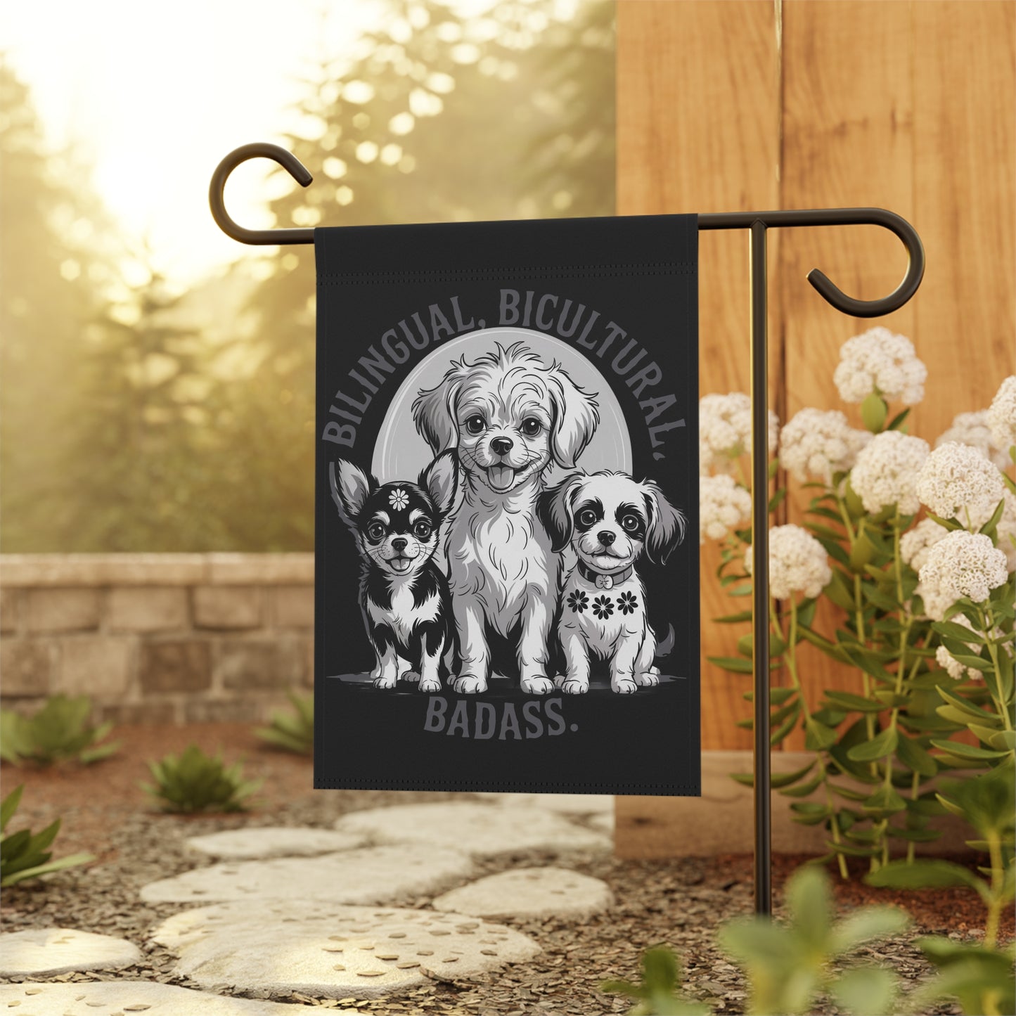 Bilingual Bicultural Dogs Garden Flag — 'Bilingual. Bicultural. Badass.' Decorative House Banner