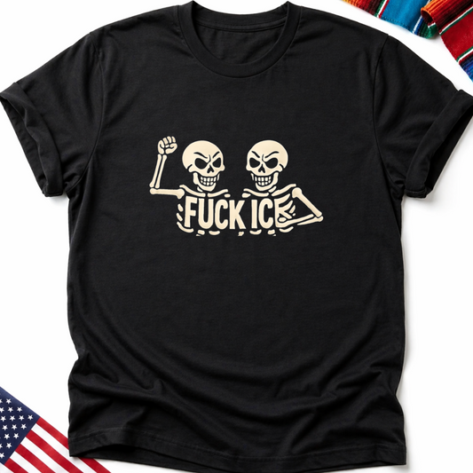 Black t-shirt with two skeletons and "FUCK ICE" text.