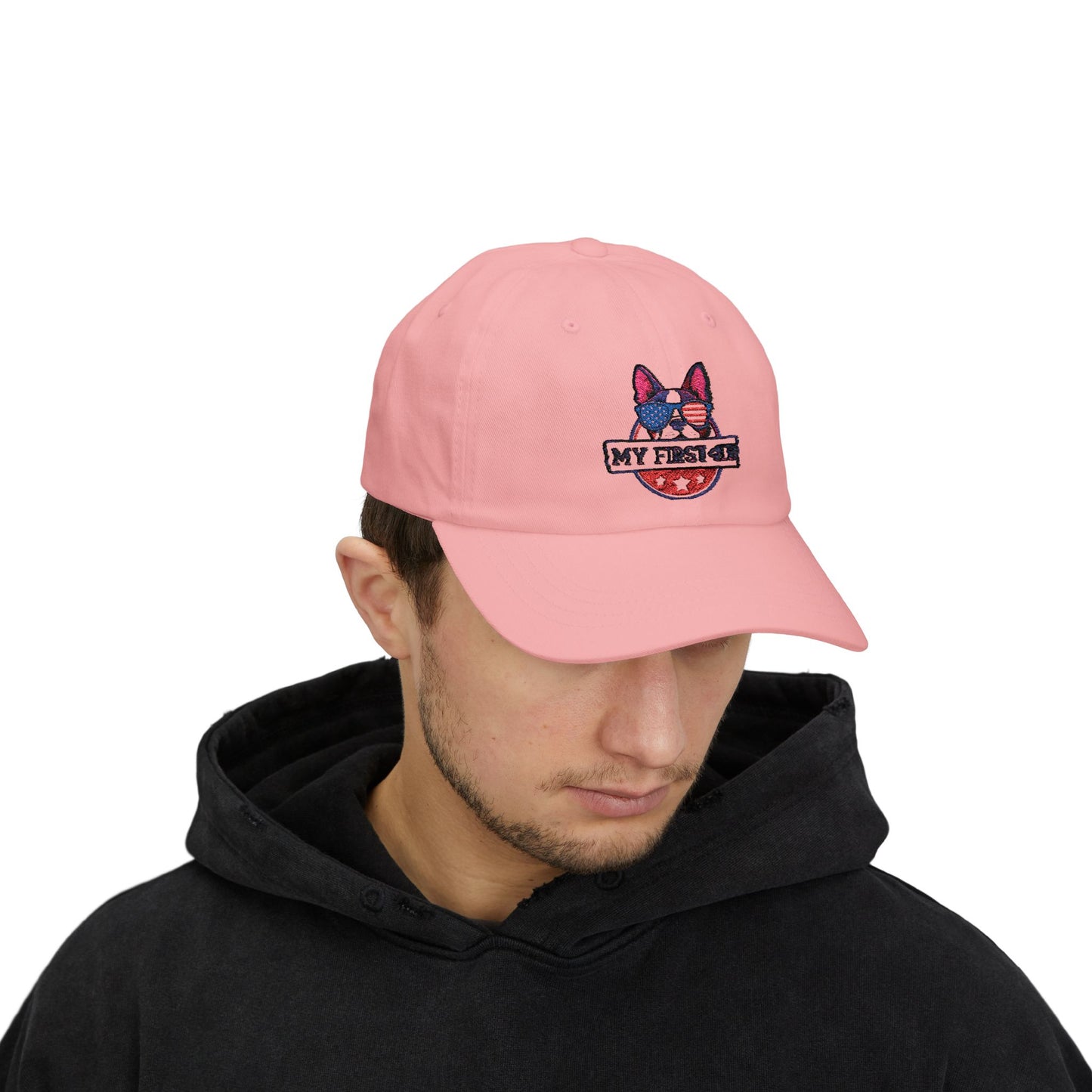 Patriotic Dog Dad Cap - 'My First 4th' Embroidered White Hat