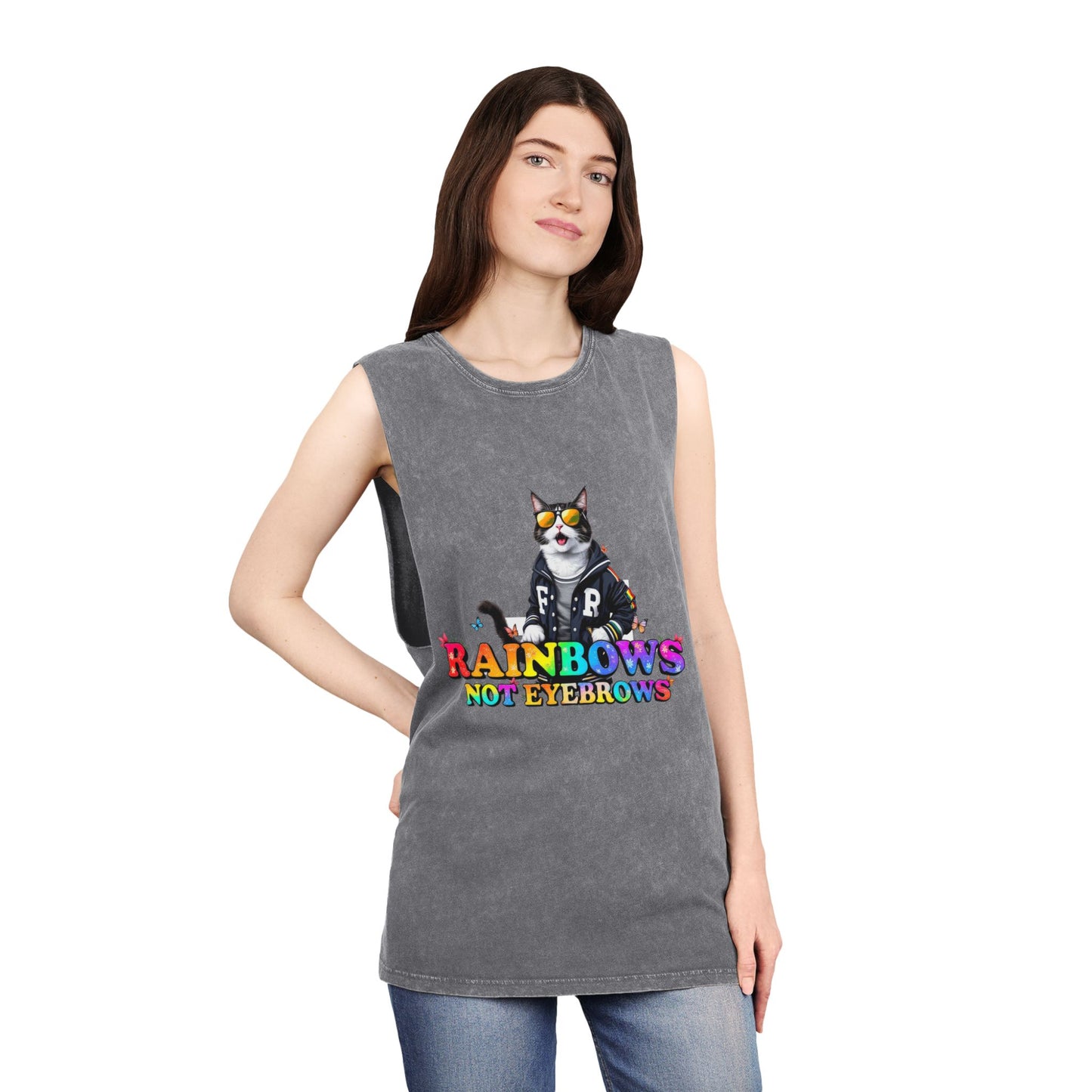 Unisex Stonewash Graphic Tank Top - Rainbow Theme, Perfect for Summer Parties, Pride Events, Casual Outings, Music Festivals, LGBTQ+ Spirit