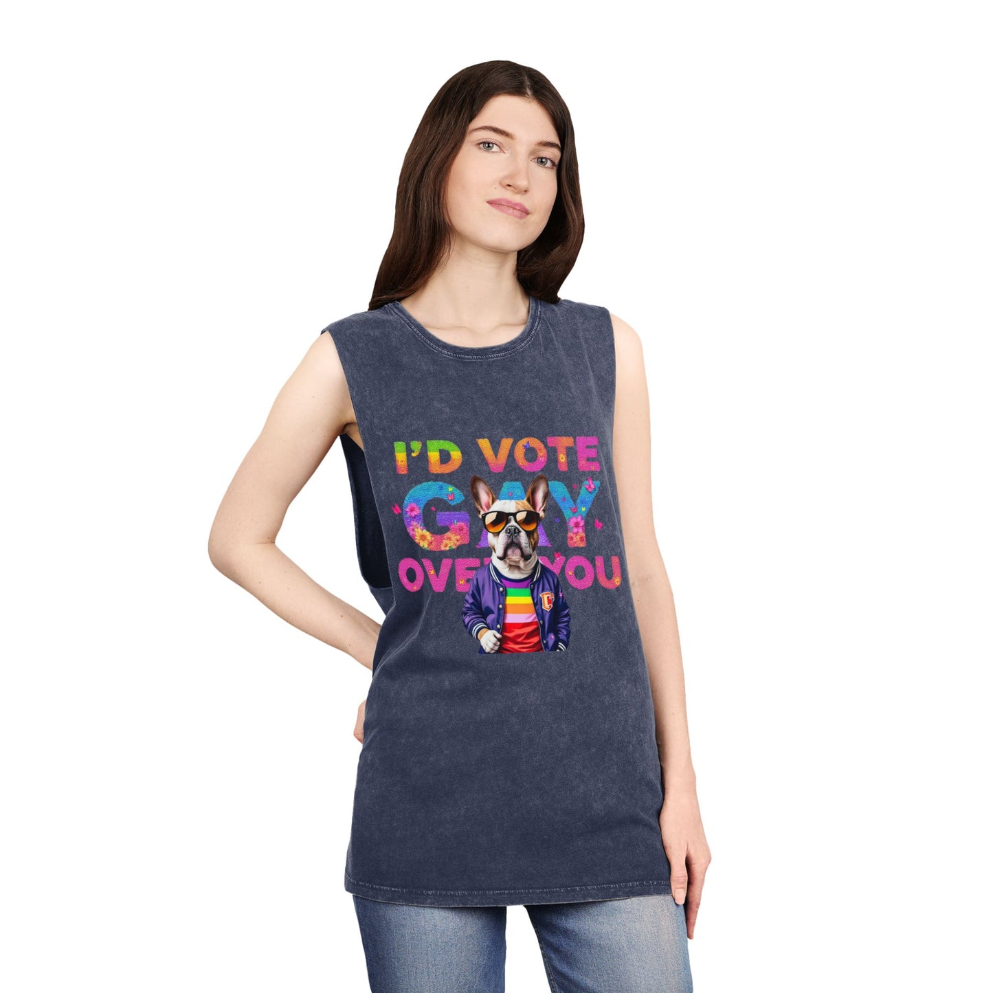 Unisex Stonewash Tank Top - 'I'd Vote Gay Over You' Dog Design