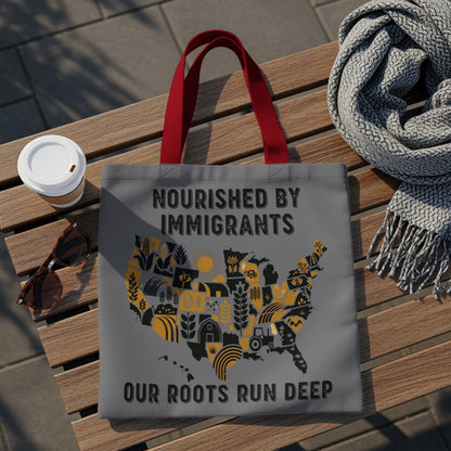 Tote bag featuring a map of the USA filled with farm icons, reads "Nourished by Immigrants. Our Roots Run Deep."