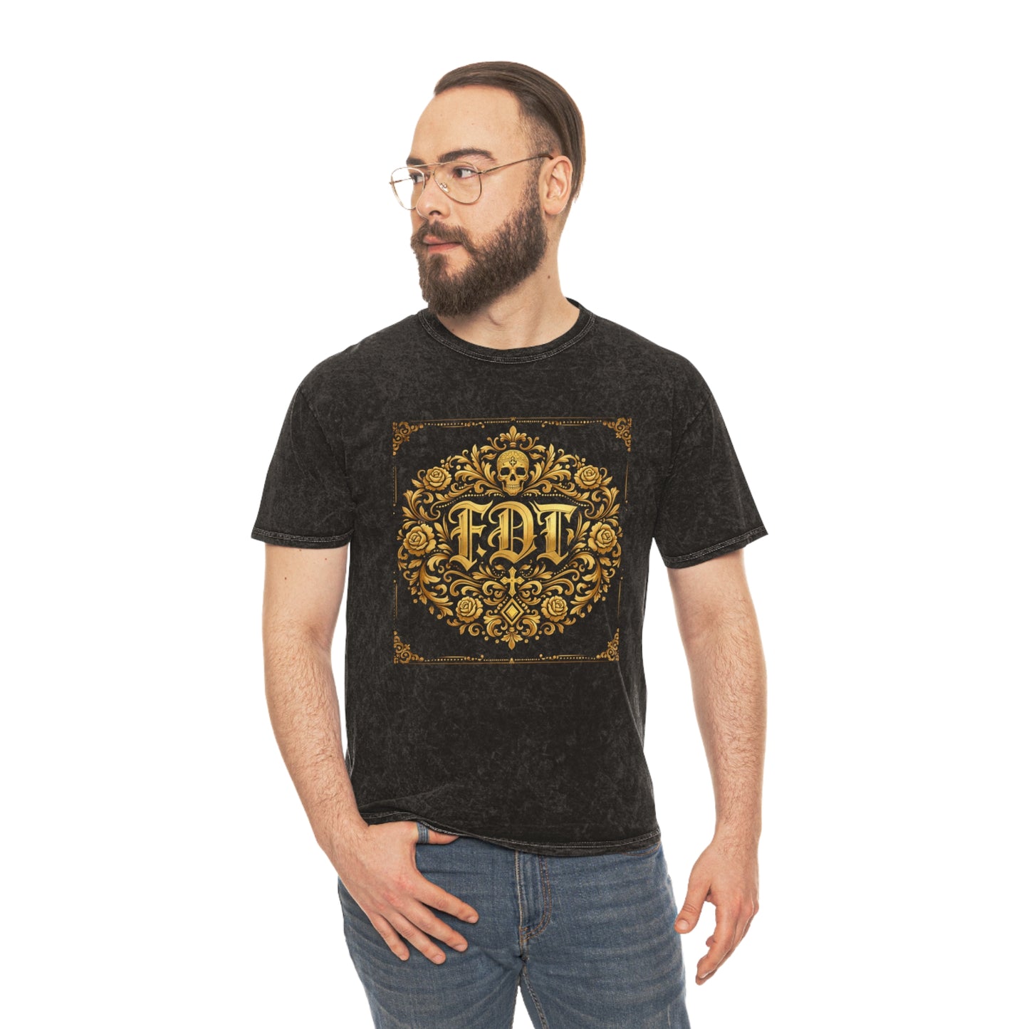 Anti Trump FDT Mineral Wash Tee USA Made  — Vintage Gold Fleur-de-Lis Crest "FDT" Graphic