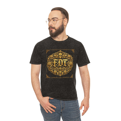 Anti Trump FDT Mineral Wash Tee USA Made  — Vintage Gold Fleur-de-Lis Crest "FDT" Graphic