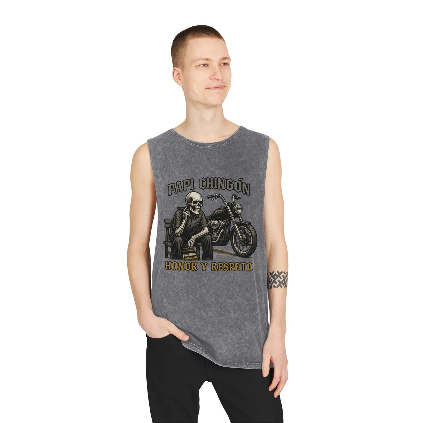 Unisex Stonewash Tank Top - Papi Chingón Skull Design, Casual Summer Wear, Motorcycle Lover Gift, Festival Outfit, Street Style