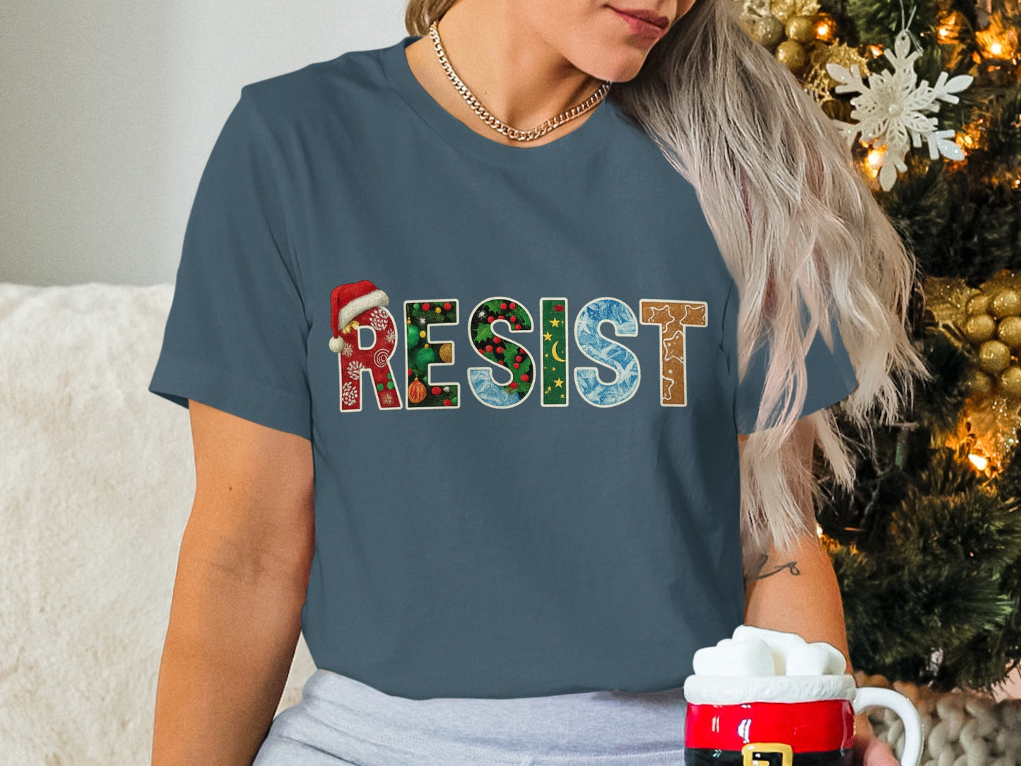 Festive Resist Graphic Tee With Holiday Theme