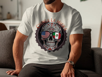 Unique Graphic Tee with Skull and Flags product type