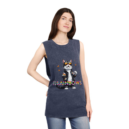 Unisex Stonewash Tank Top - Cute Cat with 'I Love Rainbows' Design