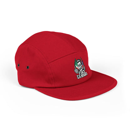 Fuck La Migra Hat Embroidered 5-Panel Cap — Skull with Mexican Flag Accent (Explicit Text)