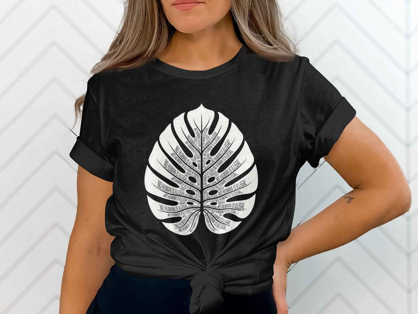 No Human Is Illegal Monstera Leaf T-Shirt, Human Rights Tee, Social Justice Shirt, Activism Apparel, Botanical Statement Design T-Shirts