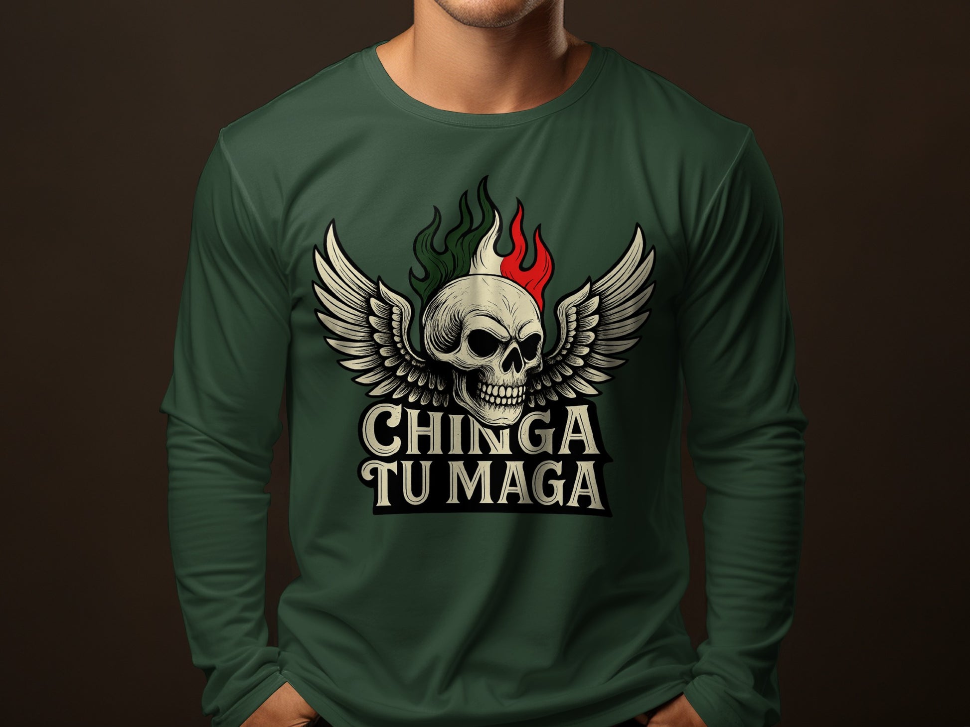 Chinga Tu Maga Skull Wings Graphic Long Sleeve Shirt