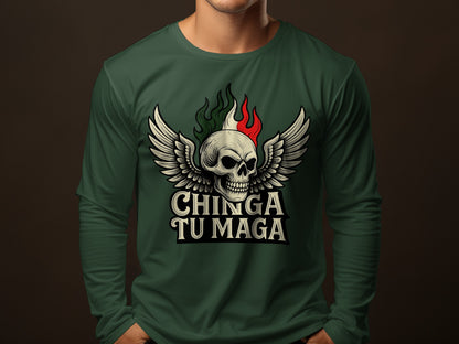 Chinga Tu Maga Skull Wings Graphic Long Sleeve Shirt