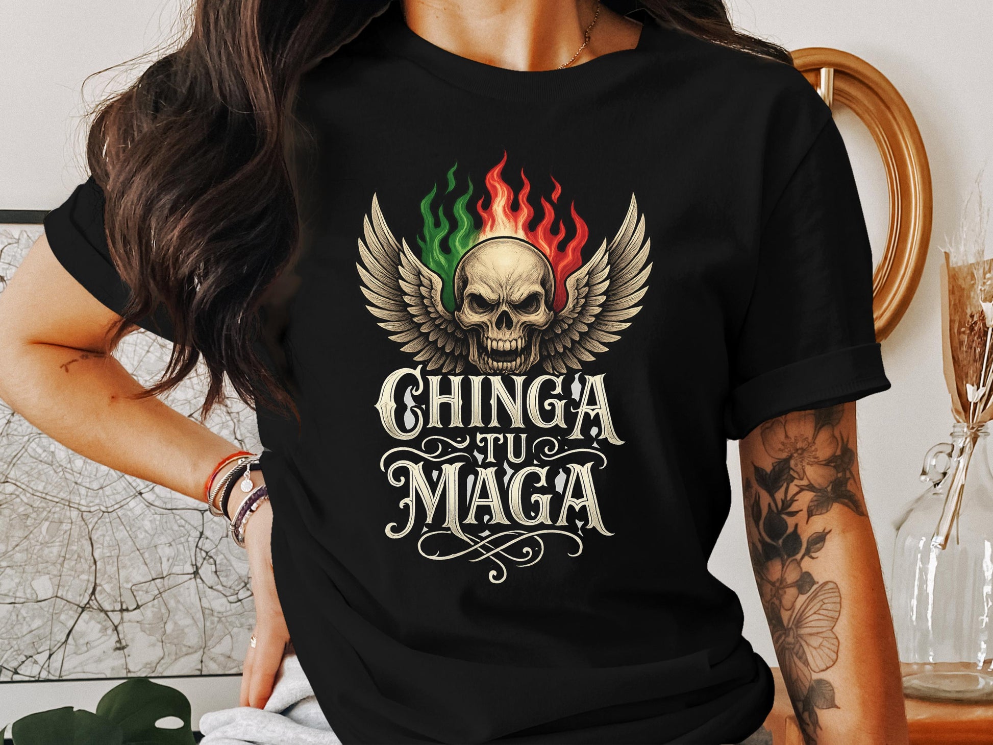 Fiery Winged Skull Chinga Tu Maga Graphic T-Shirt product