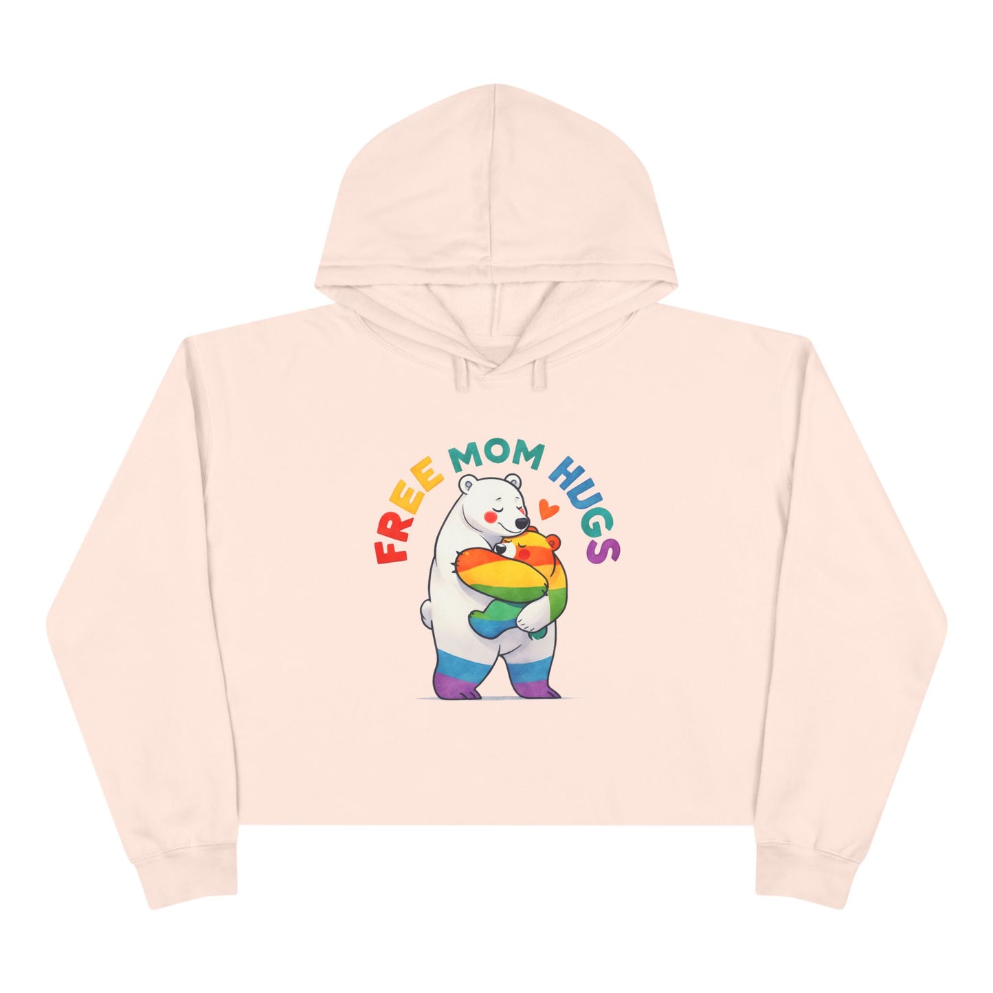 Colorful Bear 'Free Mom Hugs' Crop Hoodie | Fun, Cozy Gift for Moms, Pride, Celebrations, Casual Wear, Trendy Style