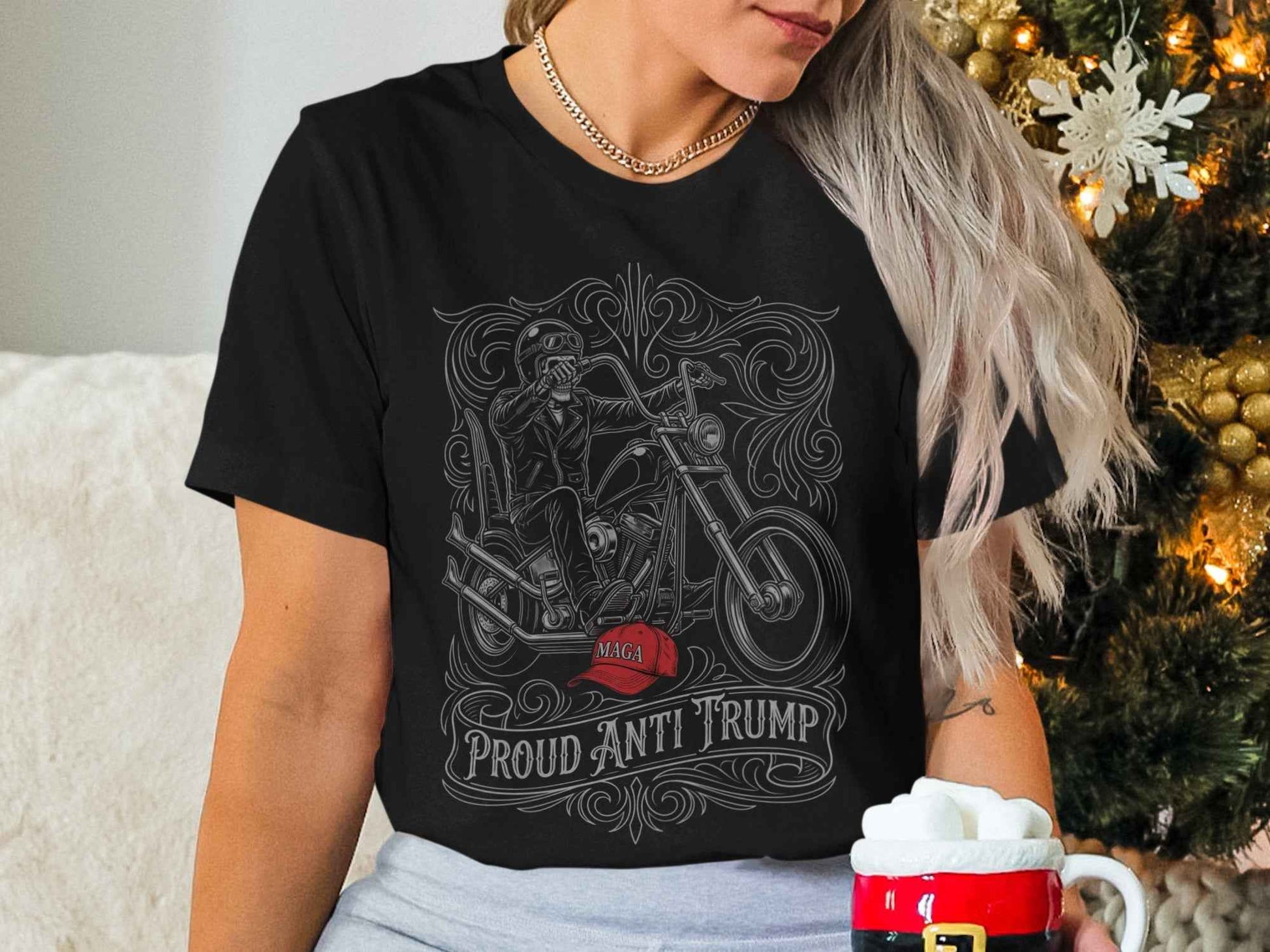 Proud Anti Trump T-Shirts, Skeleton Biker, MAGA Hat Statement, Motorcycle Rider, Political Protest, Unique Graphic T-Shirts