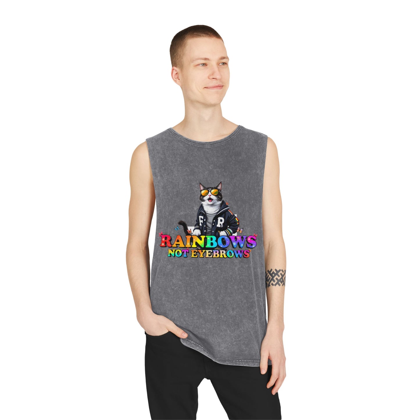 Unisex Stonewash Graphic Tank Top - Rainbow Theme, Perfect for Summer Parties, Pride Events, Casual Outings, Music Festivals, LGBTQ+ Spirit