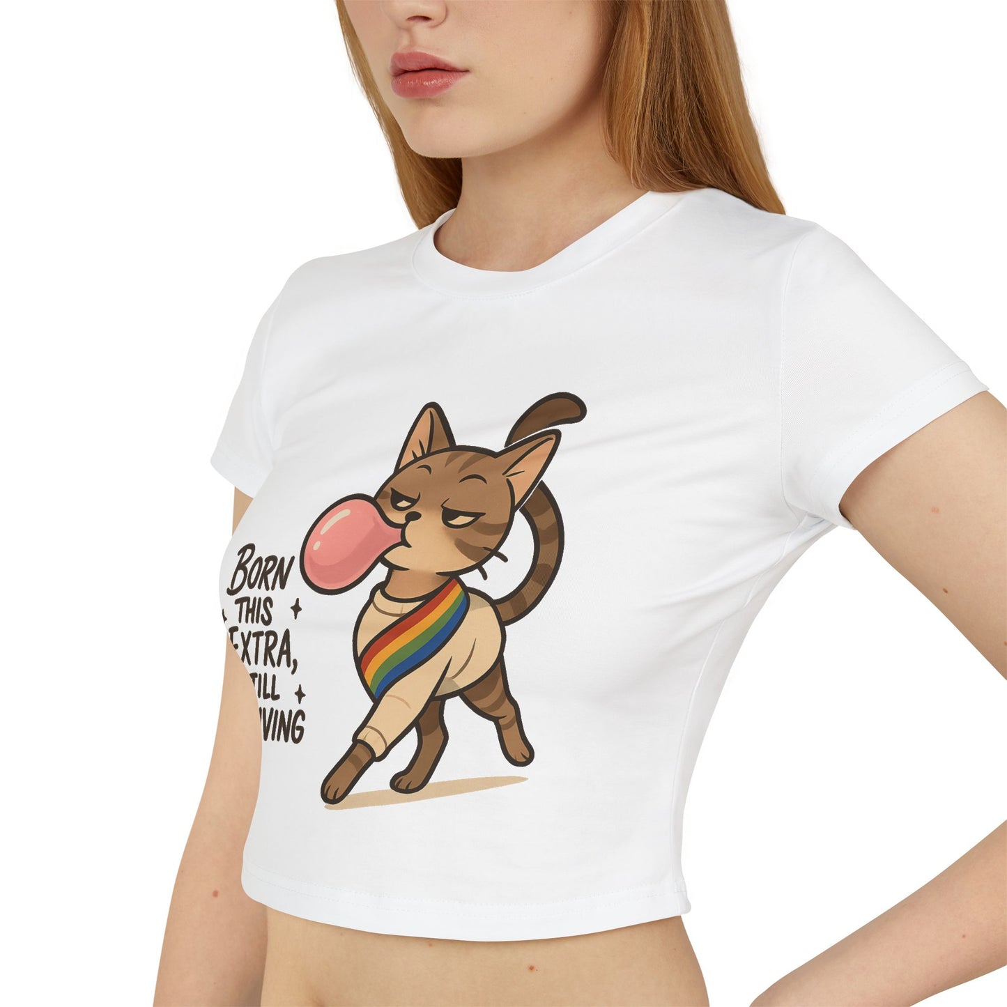 Women&#039;s Baby Tee - Born This Extra, Still Thriving Cat Graphic Tee