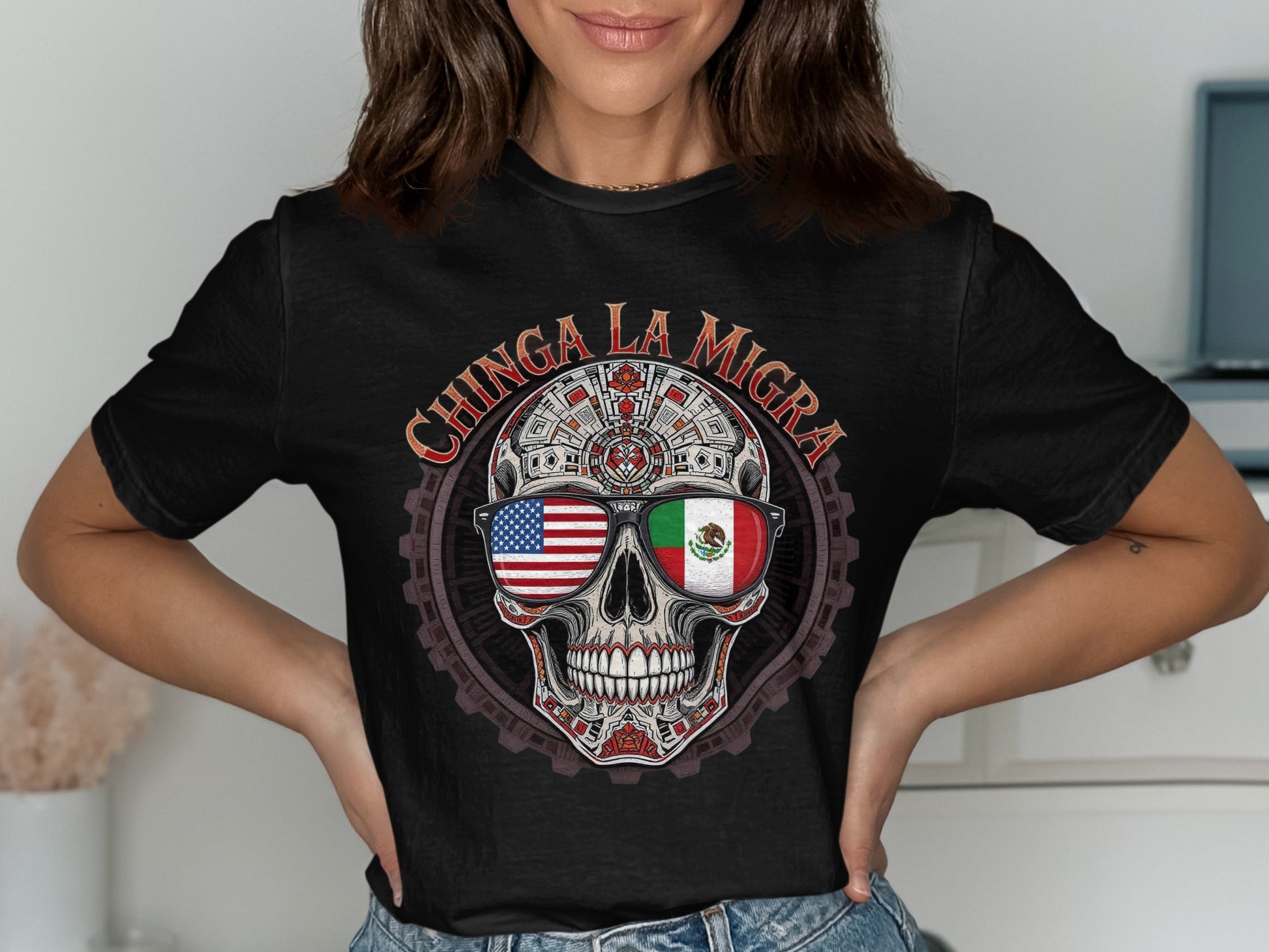 Chinga La Migra Skull American Mexican Flag graphic product type