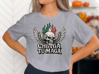 Chinga Tu Maga Graphic Skull with Wings T-Shirt