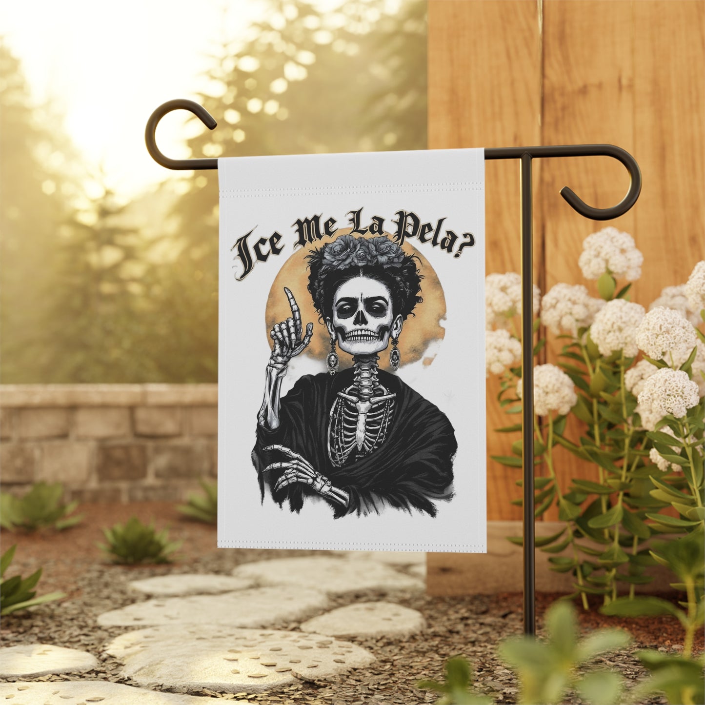 Day of the Dead Garden Flag — "¿Se Me La Pela?" Skeleton Frida Design