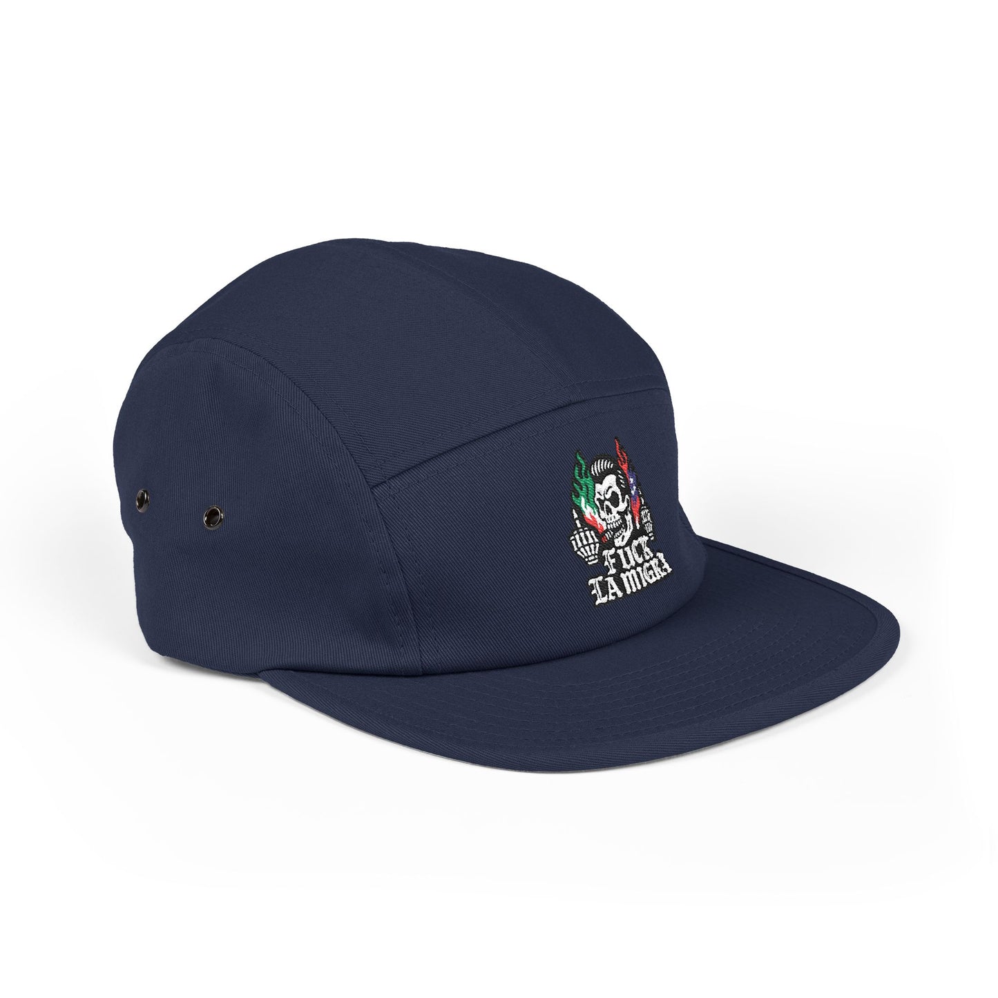 Fuck La Migra Hat Embroidered 5-Panel Cap — Skull with Mexican Flag Accent (Explicit Text)