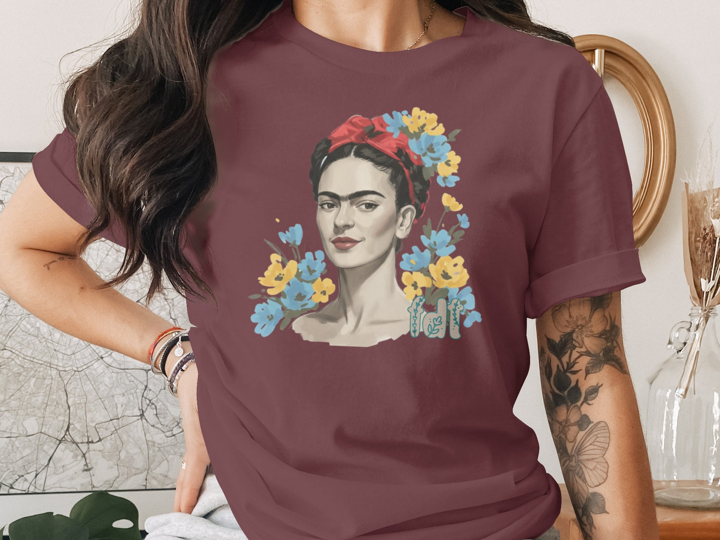 Vibrant Artistic Portrait with Floral Accents T-Shirt