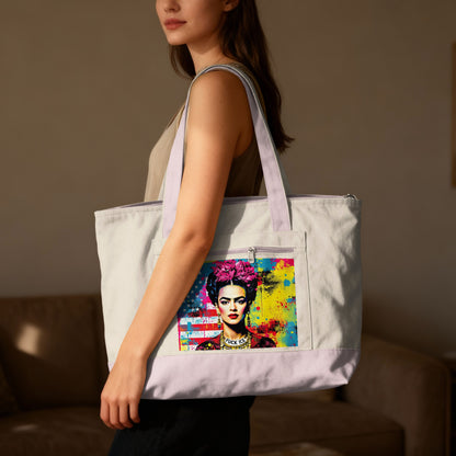Tote bag with Frida Kahlo art, US flag, and "FUCK EL" text.