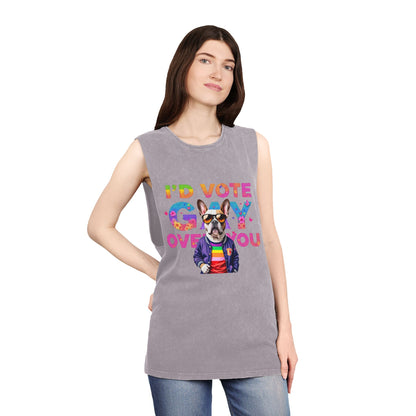Unisex Stonewash Tank Top - 'I'd Vote Gay Over You' Dog Design