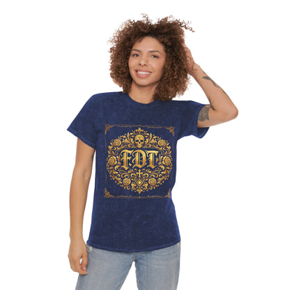 Anti Trump FDT Mineral Wash Tee USA Made  — Vintage Gold Fleur-de-Lis Crest "FDT" Graphic