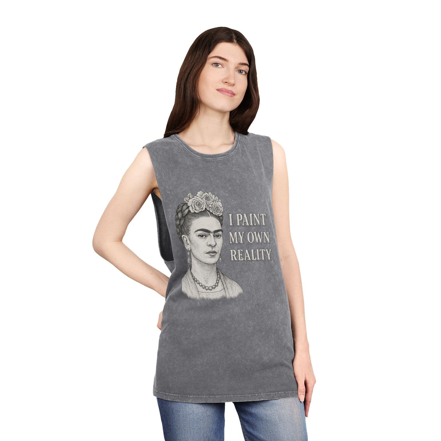 Frida Kahlo Inspirational Stonewash Tank Top, Unisex Graphic Muscle Shirt, Art Lover Gift, Bohemian Summer Top, Creative Reality Apparel