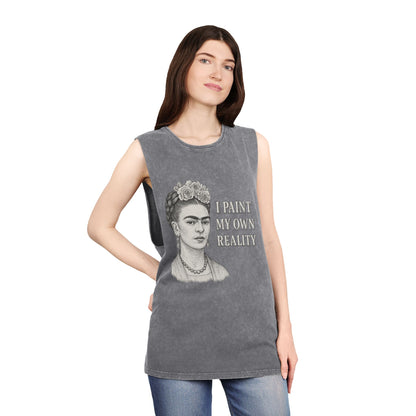 Frida Kahlo Inspirational Stonewash Tank Top, Unisex Graphic Muscle Shirt, Art Lover Gift, Bohemian Summer Top, Creative Reality Apparel