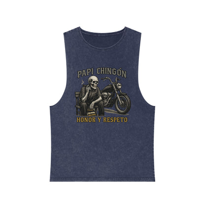 Unisex Stonewash Tank Top - Papi Chingón Skull Design, Casual Summer Wear, Motorcycle Lover Gift, Festival Outfit, Street Style