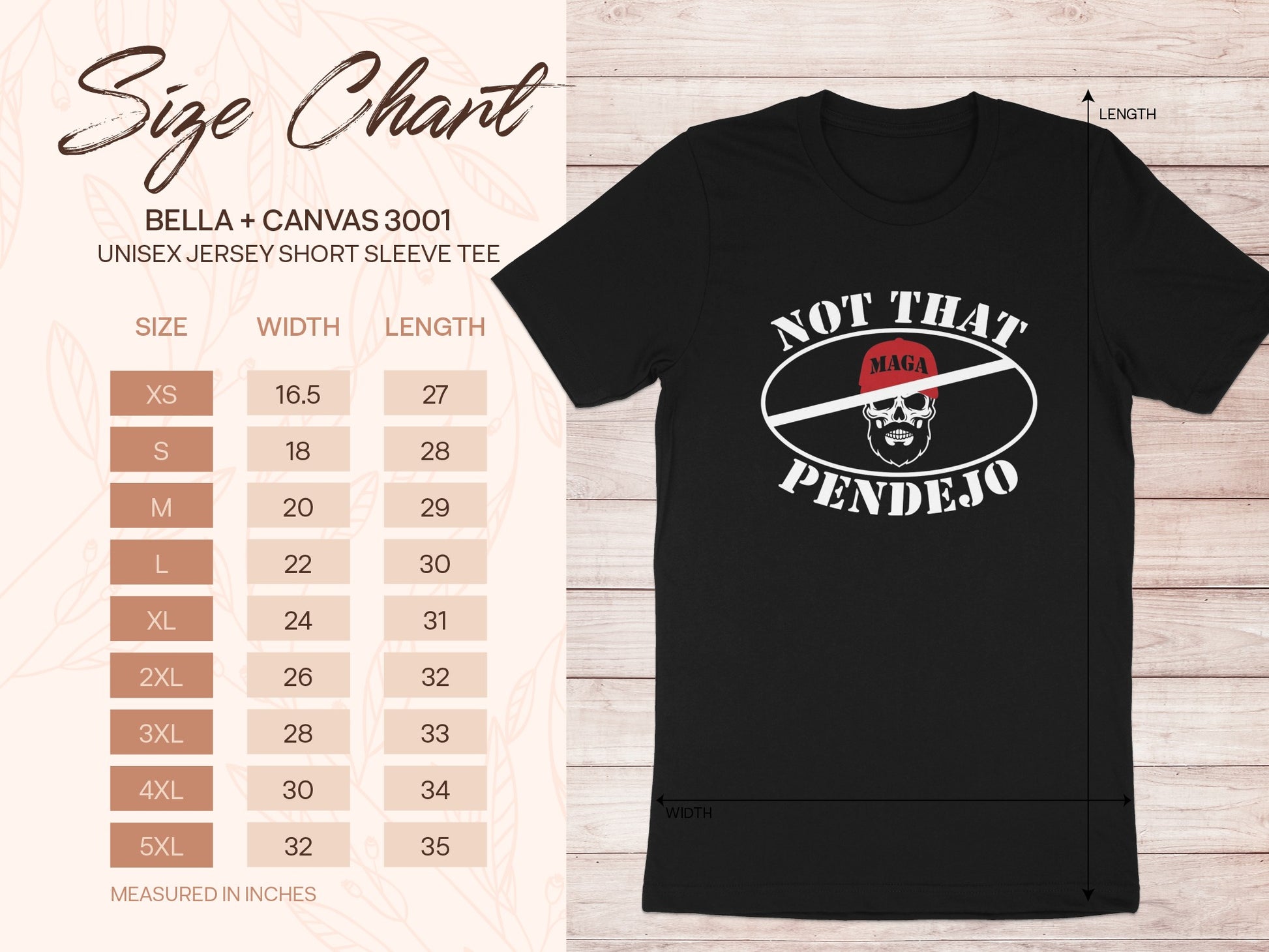 Unisex t-shirt size chart with measurements for width and length.