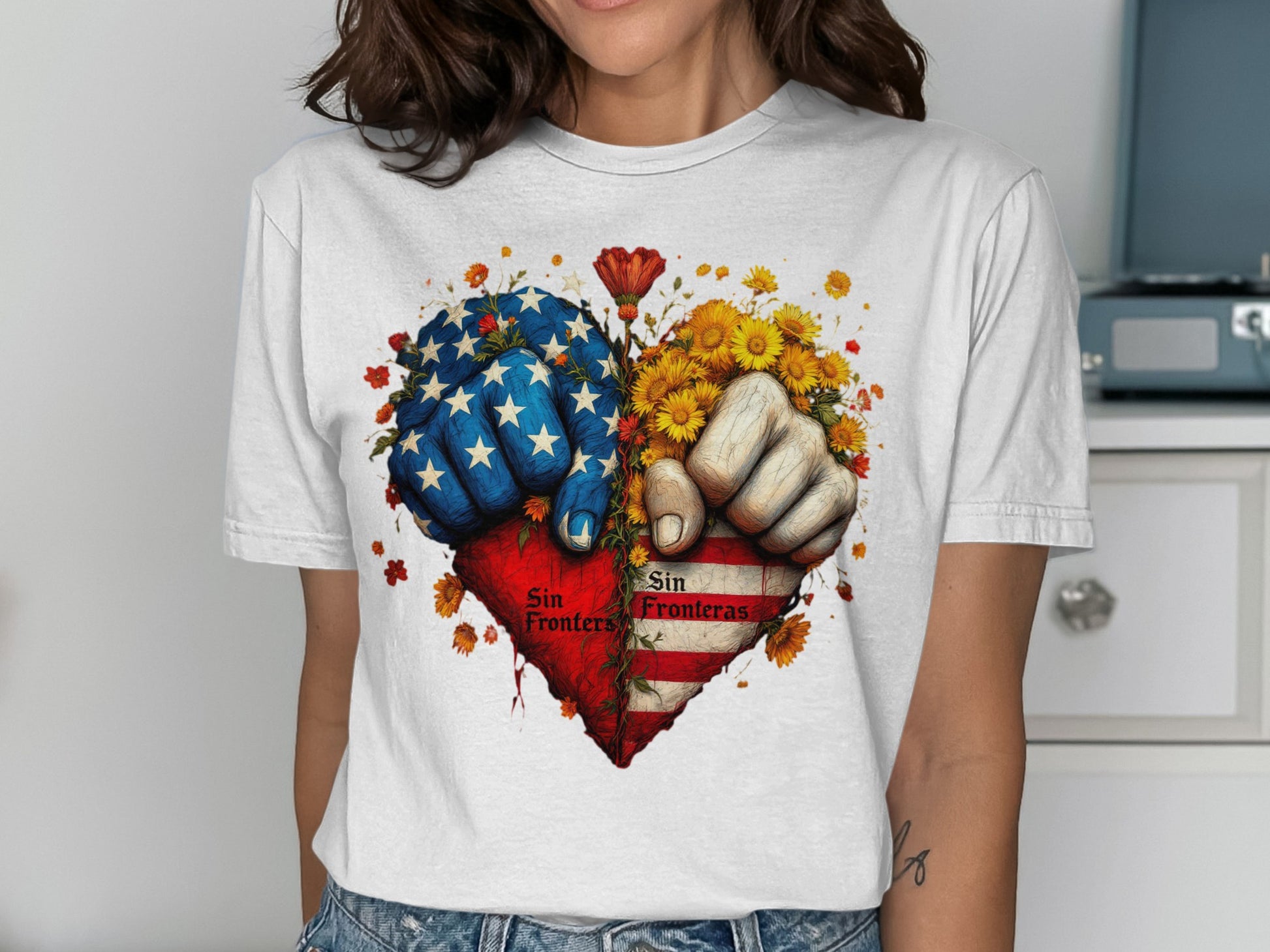 Sin Fronteras American Fist Heart Design Shirt product
