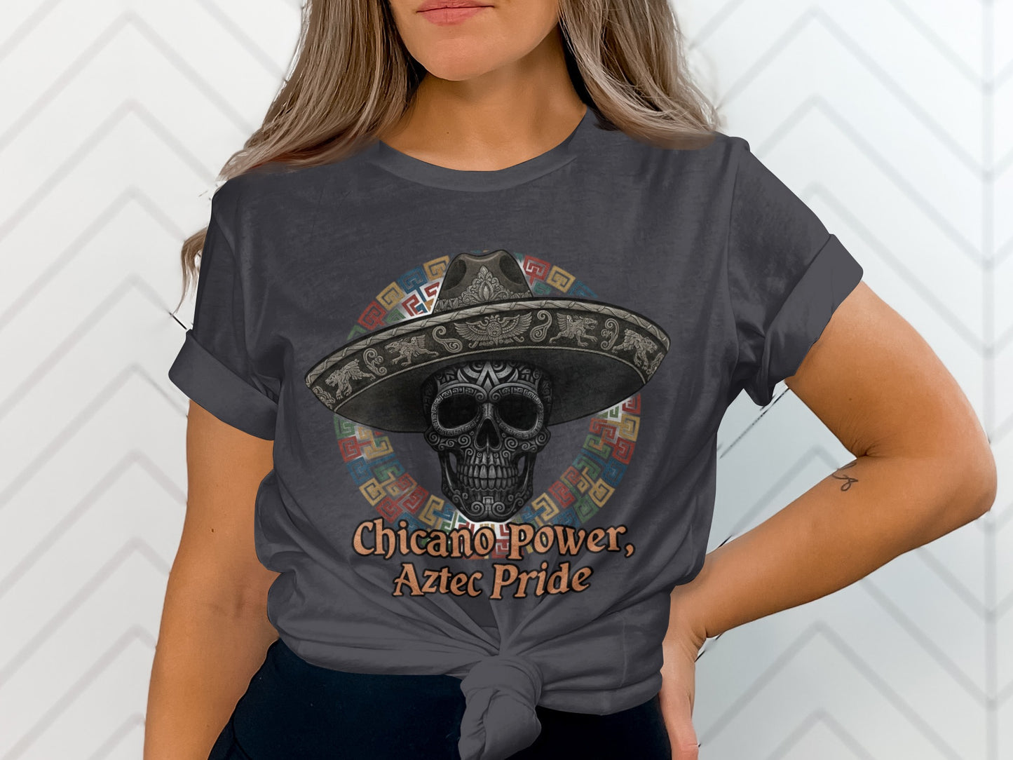 Chicano Power Aztec Pride Skull Graphic T-shirt