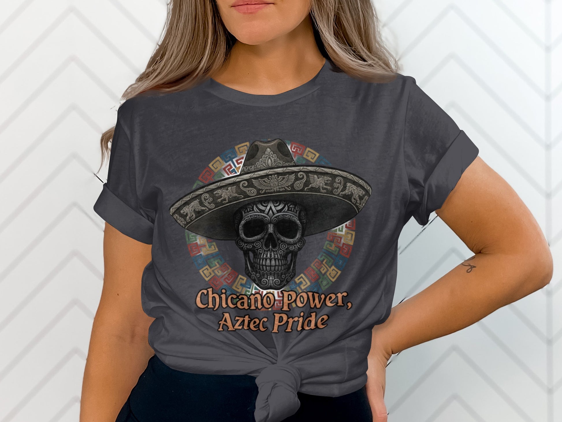Chicano Power Aztec Pride Skull Graphic T-shirt