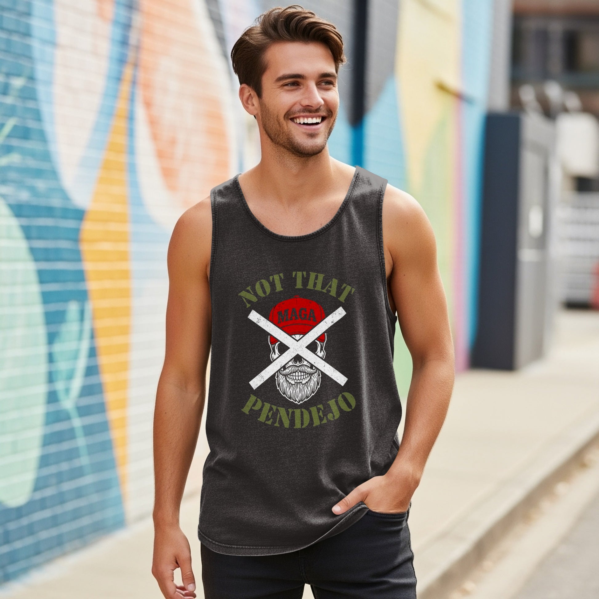 Man wearing a dark grey tank top with "NOT THAT MAGA PENDEJO" text.