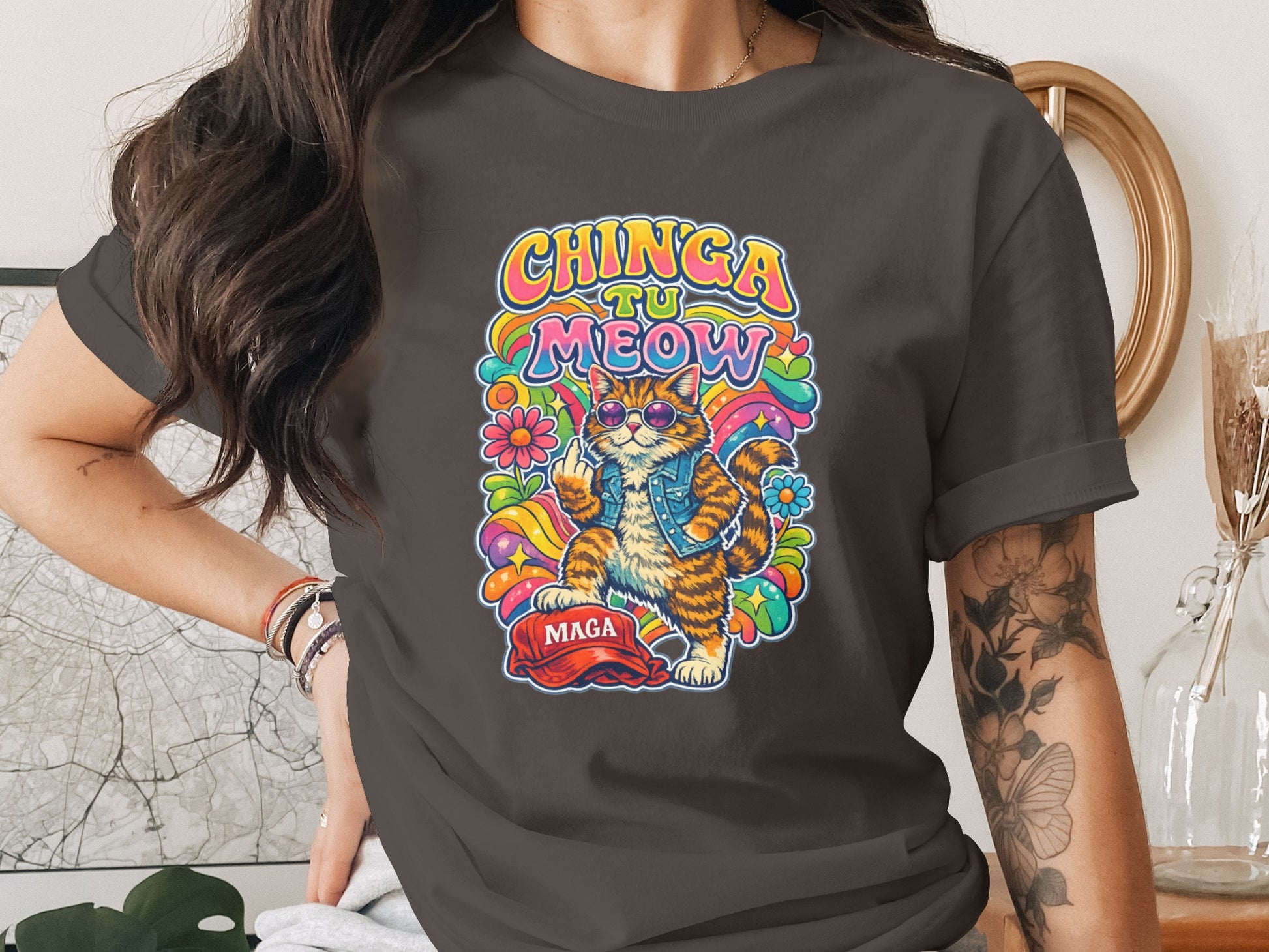Chinga Tu Meow Psychedelic Cat MAGA Hat Middle Finger product type
