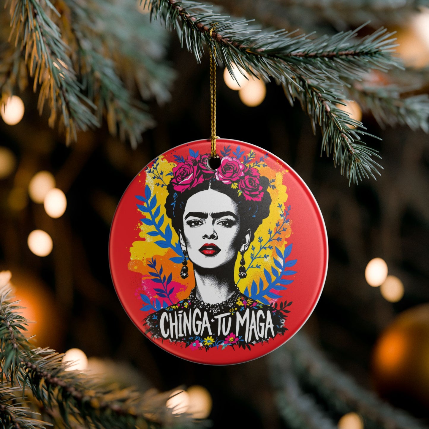 Frida Kahlo Ceramic Ornament — "Chinga Tu Maga" Decorative Holiday Accent
