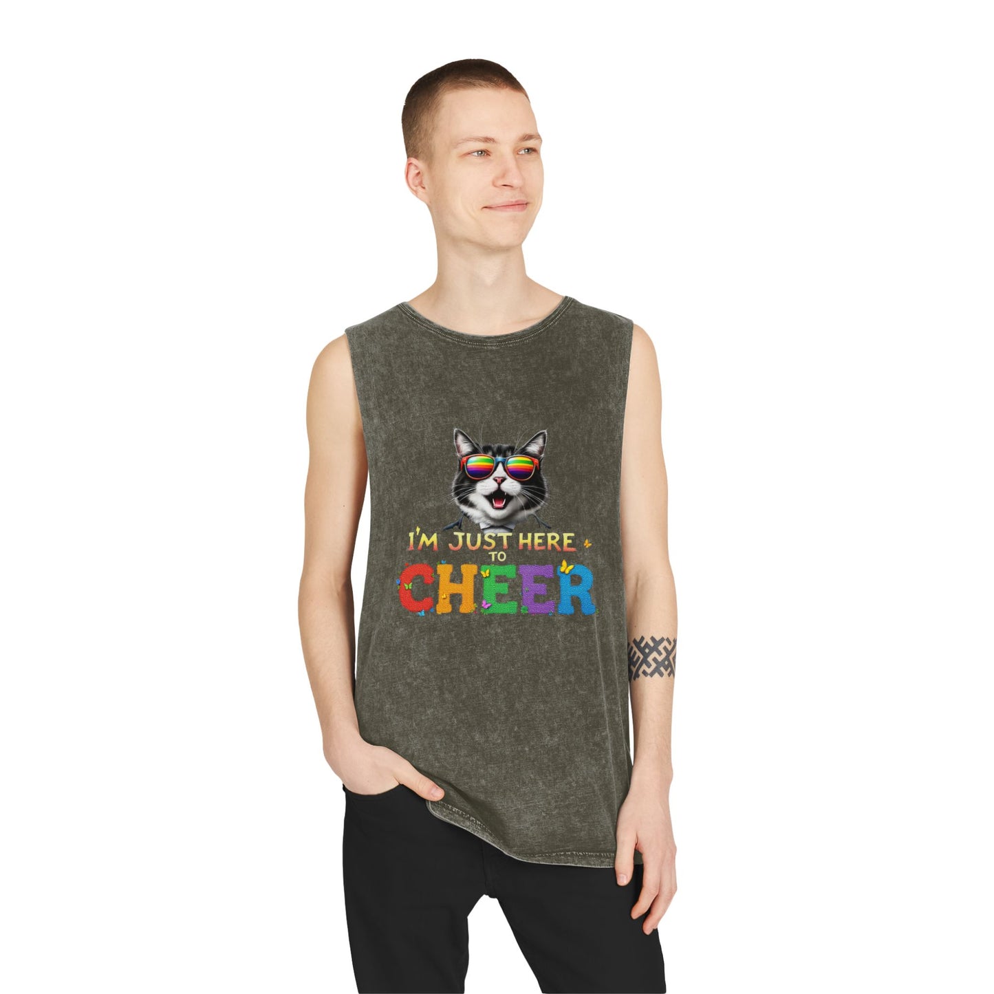 Unisex Stonewash Tank Top - Cheerful Cat Graphic Tee, Summer Fashion, Casual Wear, Gift for Cat Lovers, Fun & Unique Tank