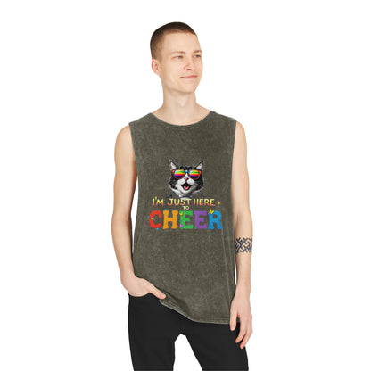 Unisex Stonewash Tank Top - Cheerful Cat Graphic Tee, Summer Fashion, Casual Wear, Gift for Cat Lovers, Fun & Unique Tank